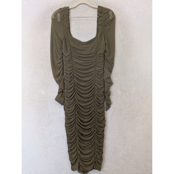 SHEIN Dresses & Skirts - SHEIN Bodycon Dress Women's Size 6 Olive Green Ruched Mesh Square Neck Midi